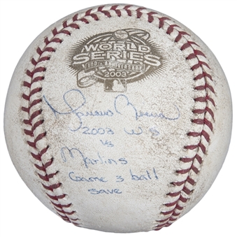 2003 Mariano Rivera World Series Game 3 Used & Signed Baseball Used For 30th Post-Season Save With Lengthy Inscription (Steiner/Rivera LOA)